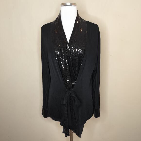 Slinky Brand Jacket Black Sequins Tie Front Cardigan Long Sleeve - Picture 1 of 9